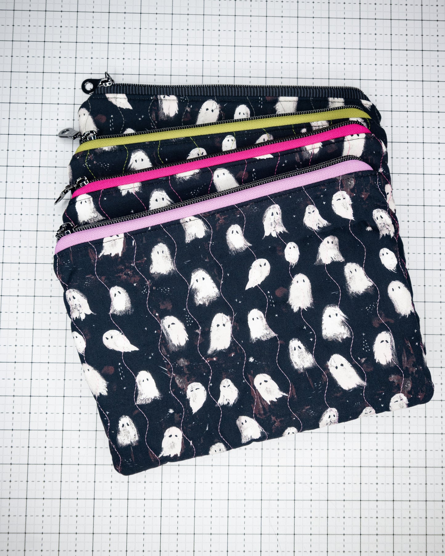 Quilted Zipper Pouch - Ghosts in Green