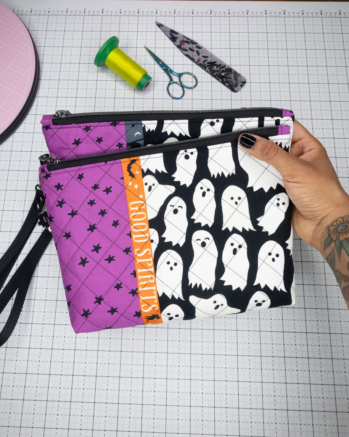Quilted Zipper Pouch with Wristlet Strap - Good Spirits
