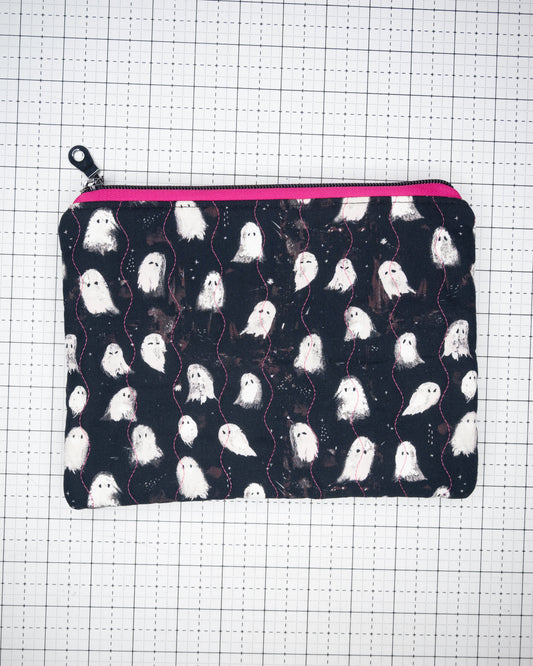 Quilted Zipper Pouch - Ghosts in Hot Pink