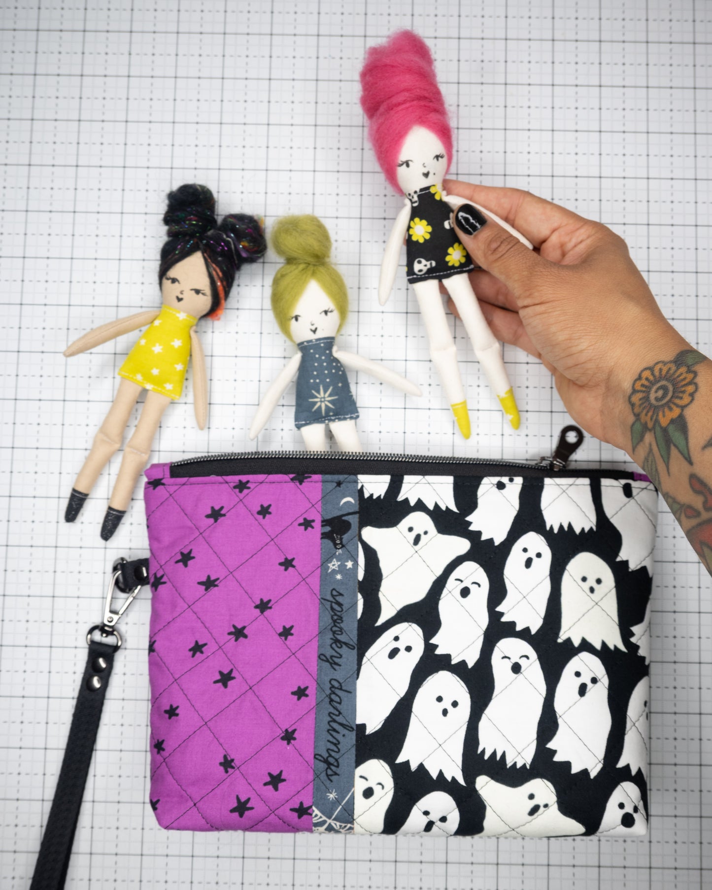 Quilted Zipper Pouch with Wristlet Strap - Spooky Darlings