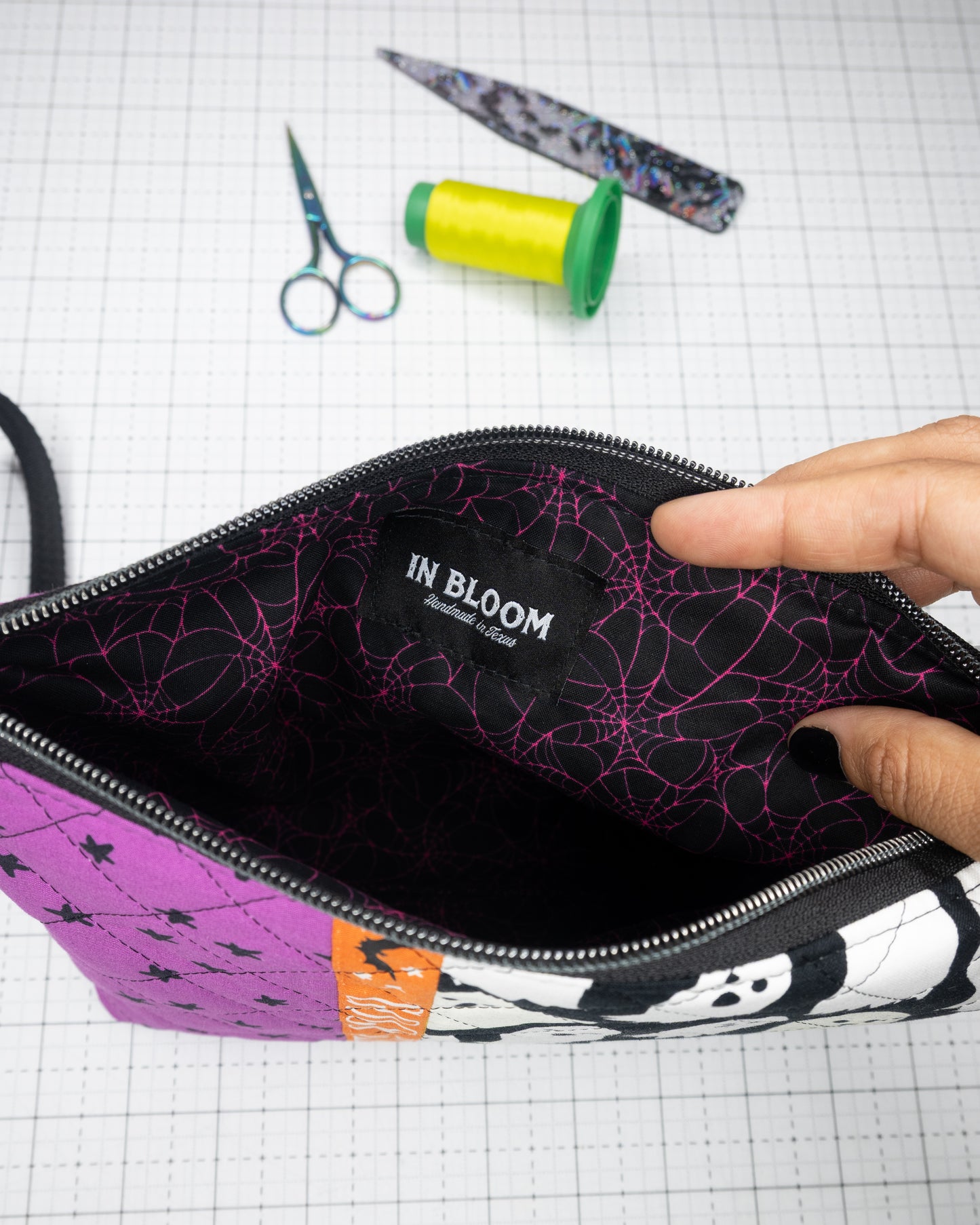 Quilted Zipper Pouch with Wristlet Strap -  Spooky Darlings