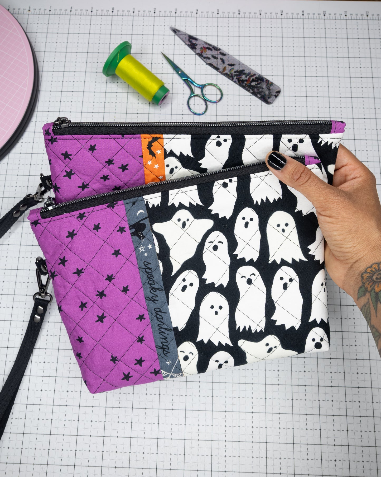 Quilted Zipper Pouch with Wristlet Strap -  Spooky Darlings