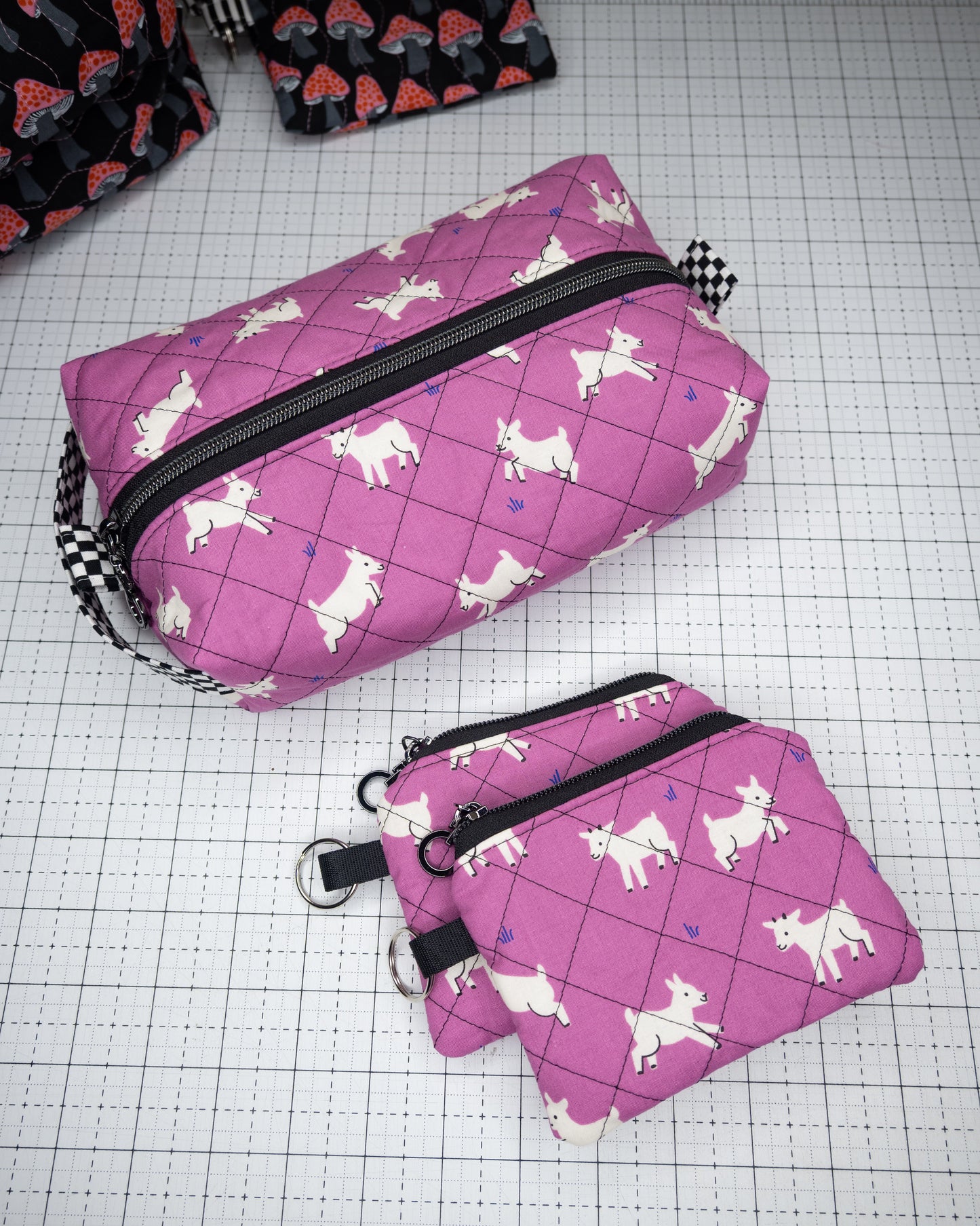 Quilted Mini Keychain Wallet - Goats in Purple