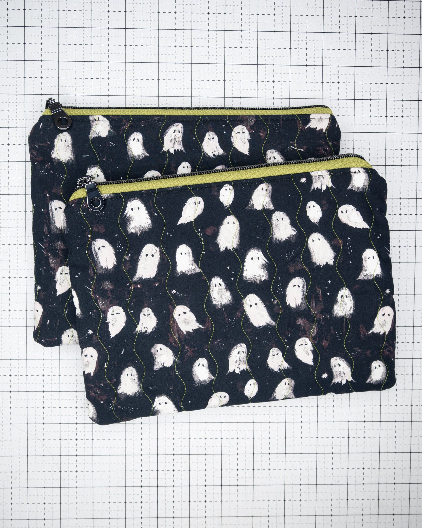 Quilted Zipper Pouch - Ghosts in Green
