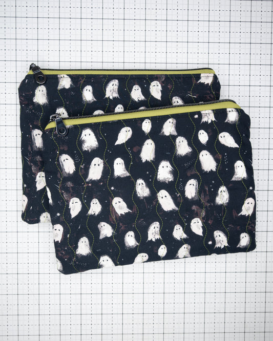 Quilted Zipper Pouch - Ghosts in Green
