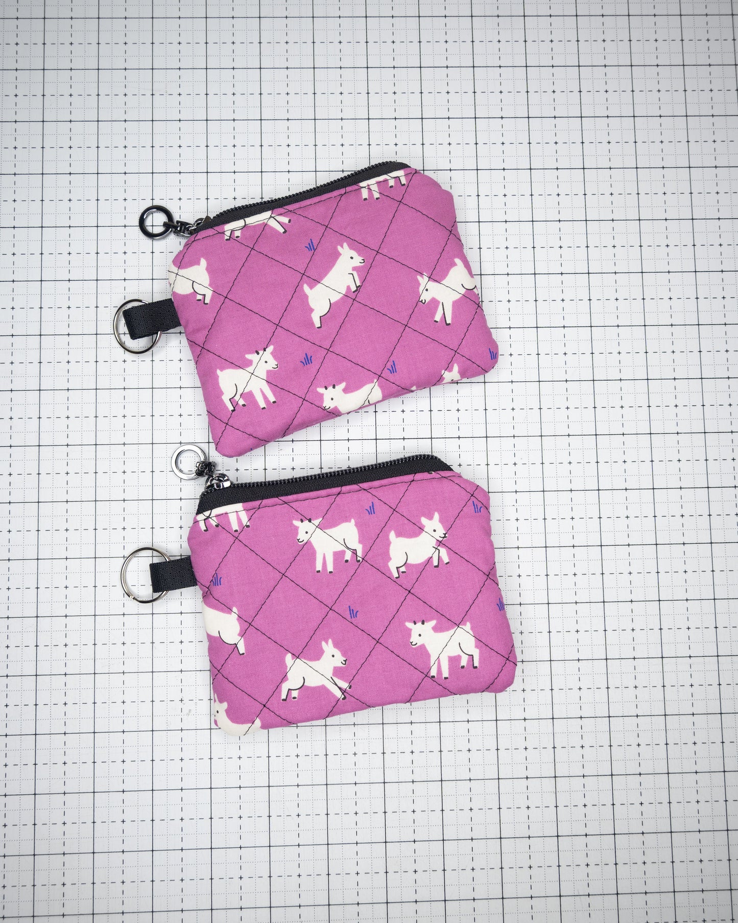 Quilted Mini Keychain Wallet - Goats in Purple