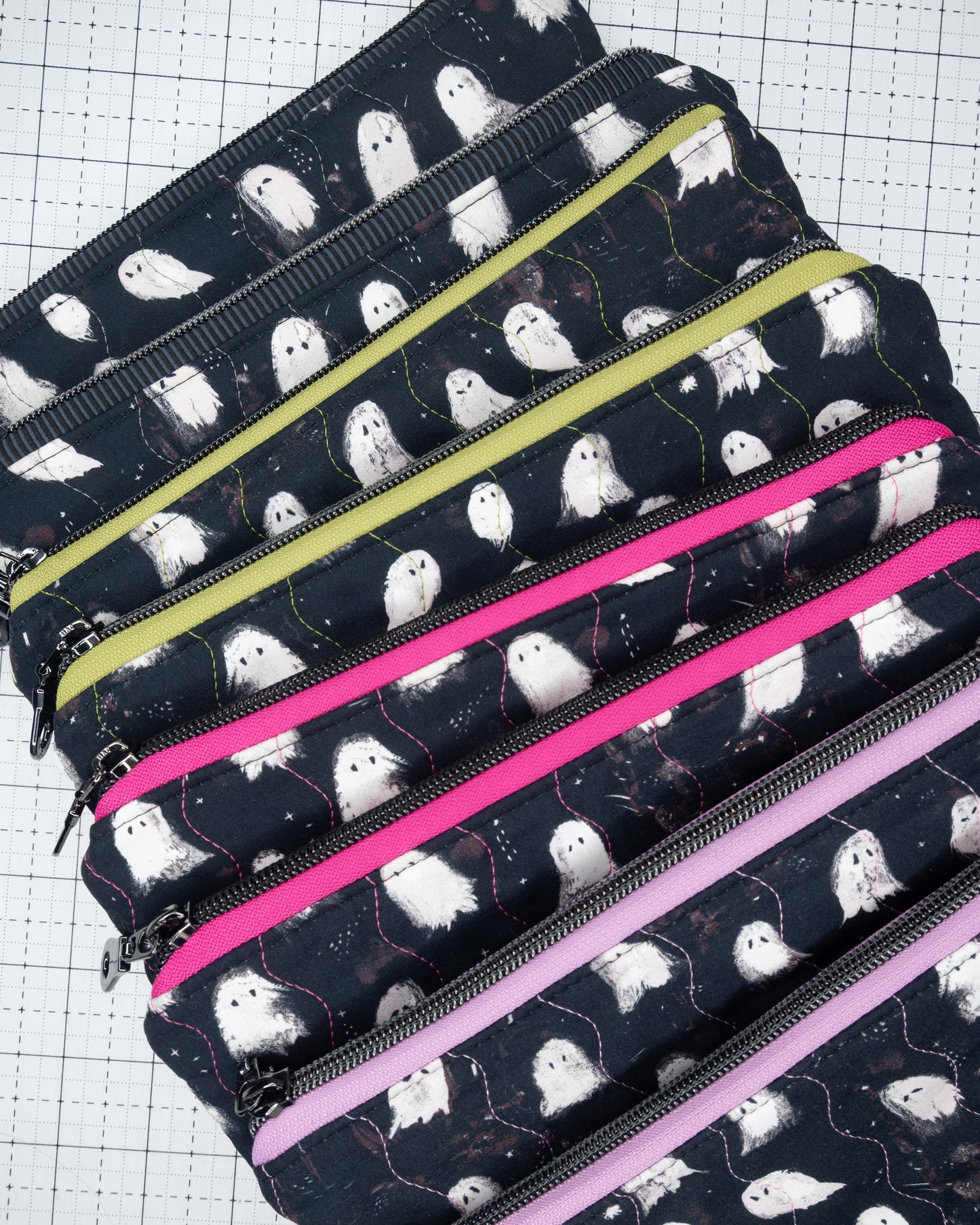 Quilted Zipper Pouch - Ghosts in Gray Stripes