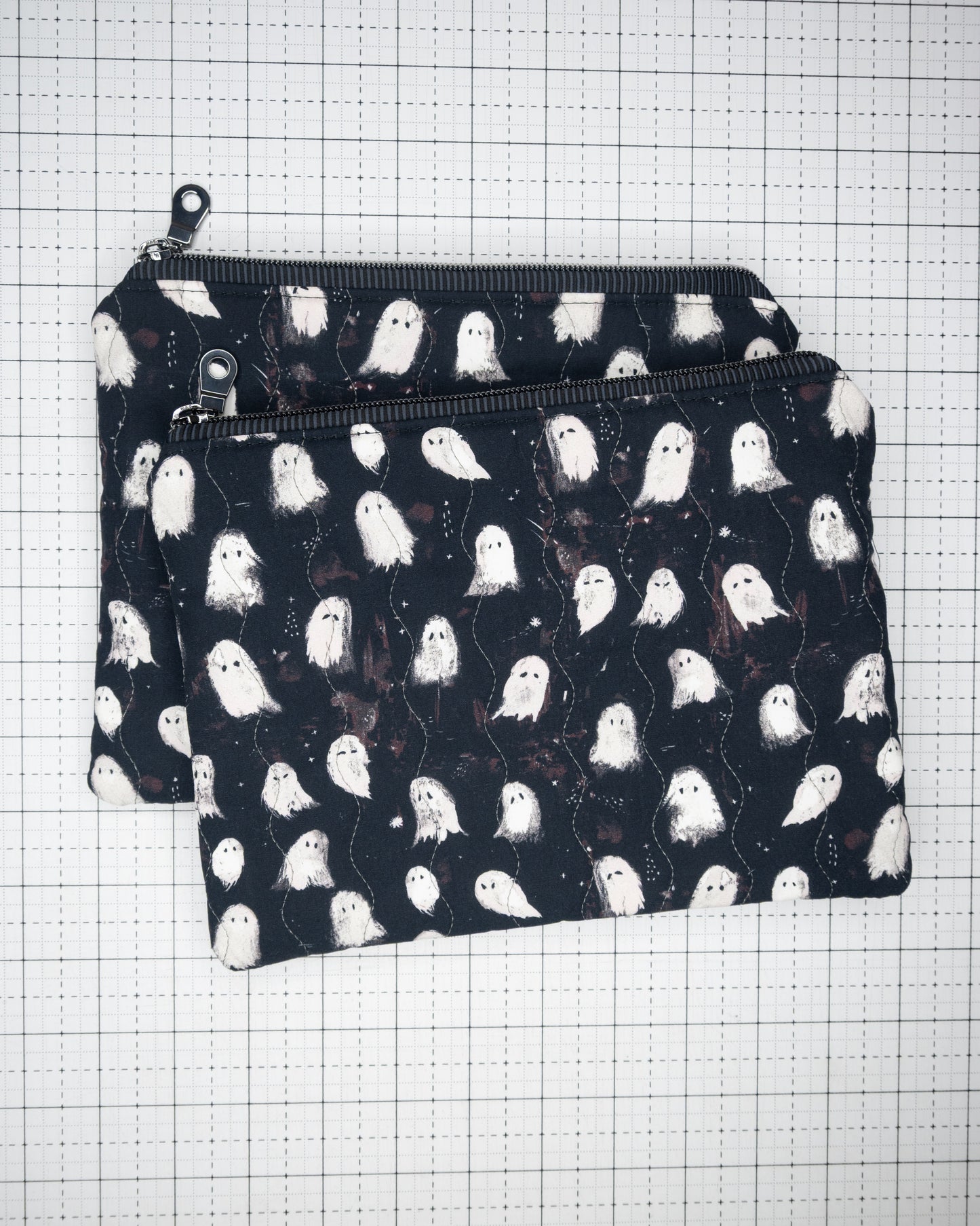 Quilted Zipper Pouch - Ghosts in Gray Stripes