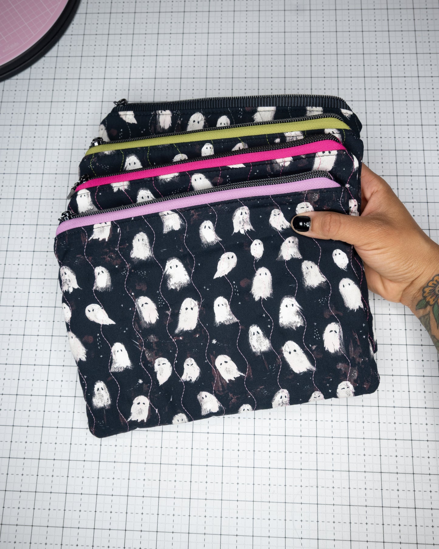 Quilted Zipper Pouch - Ghosts in Gray Stripes